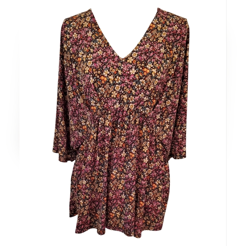 Dear Scarlett Dreamer Multicolor Floral Babydoll Top V-neck Kimona Sleeve Size M
